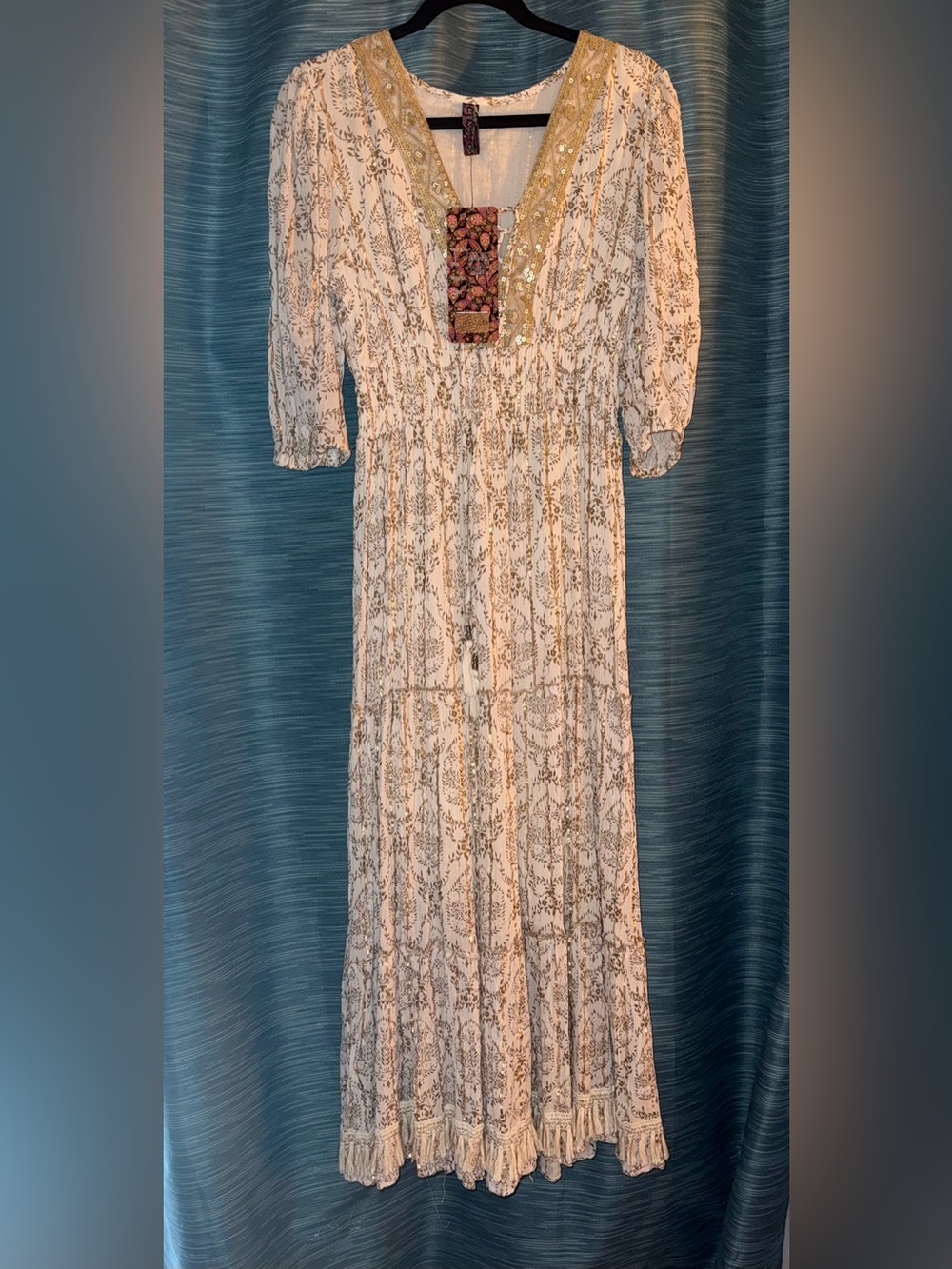 Bohemian Cream and Gold Embroidered Maxi Dress